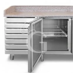 Banco Pizza 600x400 2 Porte 7 Cassetti Vetrina 10 Bacinelle GN1/4 390 LT -Vendite GATRODOMUS banco pizza 60x40 2 porte 7 cassetti vetrina 10 bacinelle gn14 e piano in granito 3
