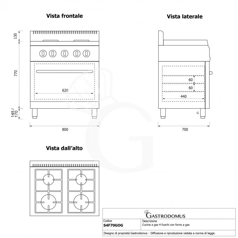 Cucina Professionale A Gas 4 Fuochi Forno A Gas Statico Profondità 700 Mm 6 Cucina Professionale A Gas 4 Fuochi Forno A Gas Statico Profondità 700 Mm - immagine 4