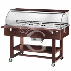 Espositore Caldo Bagnomaria In Legno Wengé Con Cupola E Mensola Per 4 Bacinelle GN1/1, Temperatura +30°C/+90°C