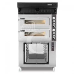 Forno Elettrico 2 Camere Per 4+4 Pizze Ø 350 Mm, Controllo Meccanico, Cappa A Condensazione Nera E Cella Di Lievitazione Inox