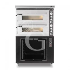 Forno Elettrico 2 Camere Per 4+4 Pizze Ø 350 Mm, Controllo Meccanico, Completo Di Cappa Inox E Cella Di Lievitazione Nera