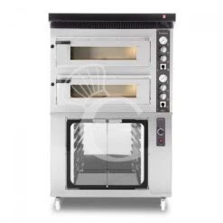 Forno Elettrico 2 Camere Per 4+4 Pizze Ø 350 Mm, Controllo Meccanico, Completo Di Cappa Nera E Cella Di Lievitazione Inox