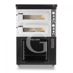 Forno Elettrico 2 Camere Per 4+4 Pizze Ø 350 Mm, Controllo Meccanico, Completo Di Cappa Nera E Cella Di Lievitazione Nera