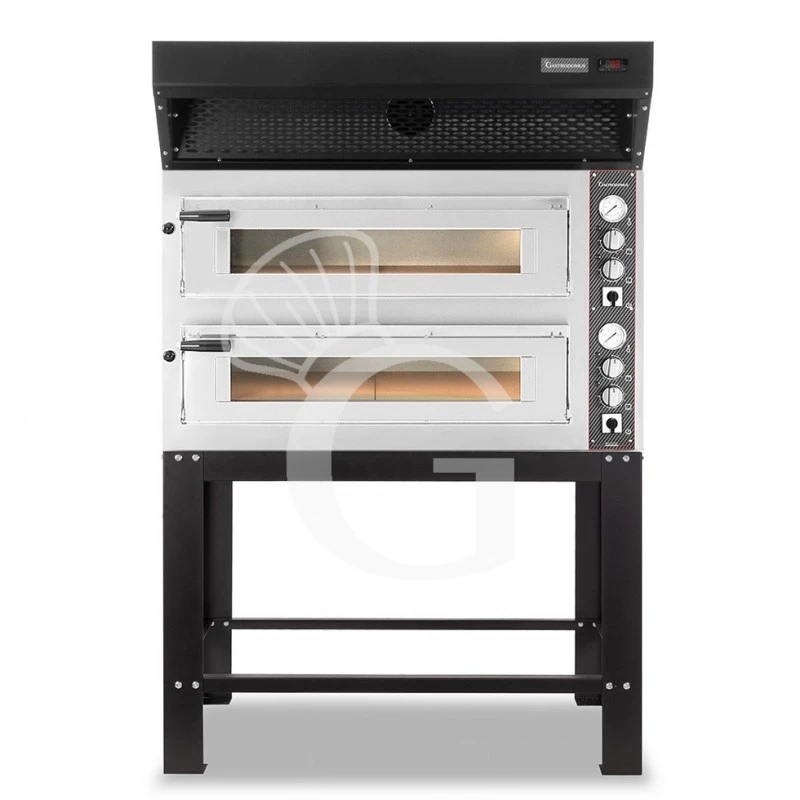 Forno Elettrico 2 Camere Per 6+6 Pizze Ø 350mm, Controllo Meccanico, Con Cappa A Condensazione Nera E Supporto 3 Forno Elettrico 2 Camere Per 6+6 Pizze Ø 350mm, Controllo Meccanico, Con Cappa A Condensazione Nera E Supporto