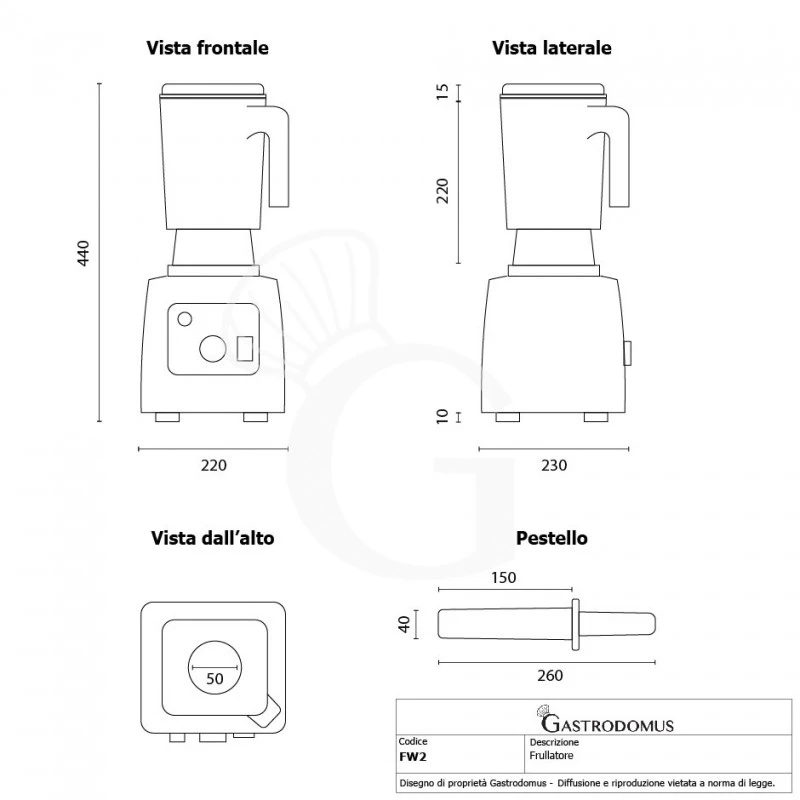 Frullatore Struttura In ABS 1 Bicchiere In Policarbonato 2 LT, 22.000 Rpm, 1,3 KW L 220 X P 230 X H 440 Mm 11 Frullatore Struttura In ABS 1 Bicchiere In Policarbonato 2 LT, 22.000 Rpm, 1,3 KW L 220 X P 230 X H 440 Mm - immagine 9