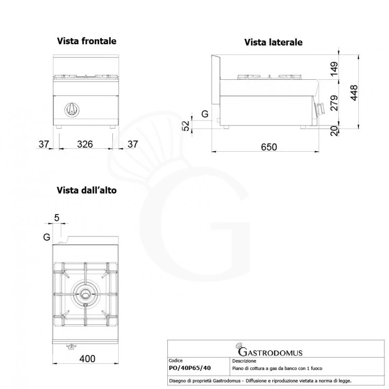 Piano Cottura A Gas 1 Fuoco Con Bruciatore Pilota Profondità 650 Mm 4 Piano Cottura A Gas 1 Fuoco Con Bruciatore Pilota Profondità 650 Mm - immagine 2