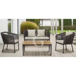 Set Bar Da Esterno Tavolo, 2 Poltrone E Divano In Alluminio Verniciato Con Cuscini