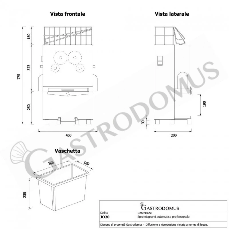 Spremiagrumi Automatica Professionale Monofase 0,12 Kw, Produzione Al Minuto 20 Arance 9 Spremiagrumi Automatica Professionale Monofase 0,12 Kw, Produzione Al Minuto 20 Arance - immagine 7