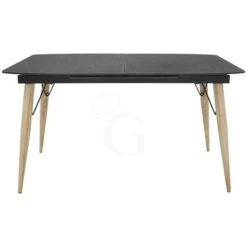 Tavolo Con Struttura In Metallo Verniciato, Gambe In Legno E Piano In Cristallo, L 140/200 Cm