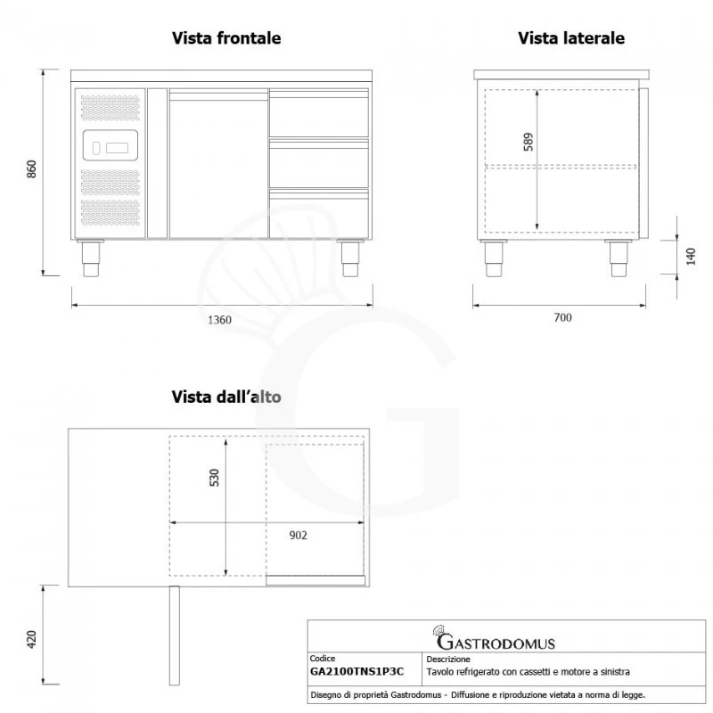 Tavolo Refrigerato 3 Cassetti 1 Porta 700 Mm -2°C/+8°C Motore A Sinistra 9 Tavolo Refrigerato 3 Cassetti 1 Porta 700 Mm -2°C/+8°C Motore A Sinistra - immagine 7