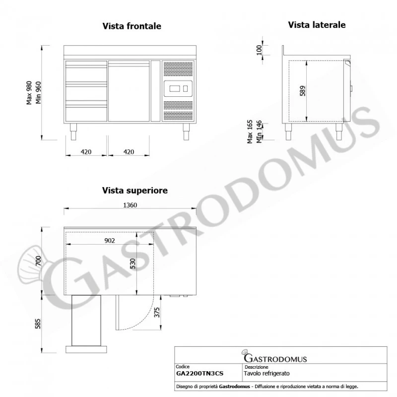 Tavolo Refrigerato 3 Cassetti 1 Porta 700 Mm -2°C/+8°C Alzatina 8 Tavolo Refrigerato 3 Cassetti 1 Porta 700 Mm -2°C/+8°C Alzatina - immagine 6
