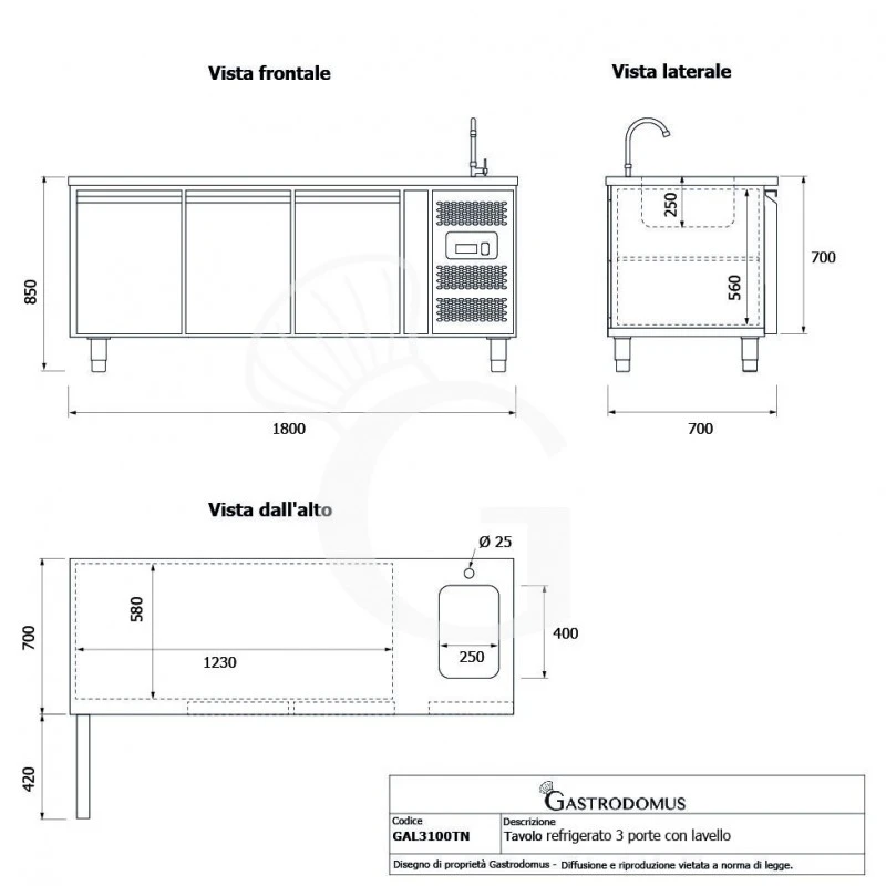 Tavolo Refrigerato 3 Porte Con Lavello,motore A Destra,Prof. 700 Mm,temp +2°C/+8°C, Completo Di Rubinetto Classe Energetica B 13 Tavolo Refrigerato 3 Porte Con Lavello,motore A Destra,Prof. 700 Mm,temp +2°C/+8°C, Completo Di Rubinetto Classe Energetica B - immagine 11