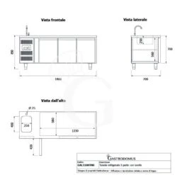 Tavolo Refrigerato 3 Porte Con Lavello,motore A Sinistra,Prof. 700 Mm,temp +2°C/+8°C, Completo Di Rubinetto Classe Energetica B -Vendite GATRODOMUS tavolo refrigerato 2 porte gn 11 prof700 tn 34