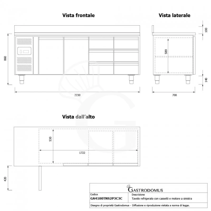 Tavolo Refrigerato 6 Cassetti 2 Porte 700 Mm -2°C/+8°C Alzatina, Motore A Sinistra 9 Tavolo Refrigerato 6 Cassetti 2 Porte 700 Mm -2°C/+8°C Alzatina, Motore A Sinistra - immagine 7