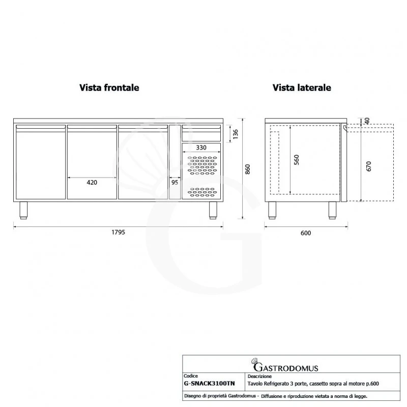 Tavolo Refrigerato Con 3 Porte, Cassetto Sopra Al Motore, Profondità 600 Mm E Temperatura -2°C/+8°C - Classe Energetica B 4 Tavolo Refrigerato Con 3 Porte, Cassetto Sopra Al Motore, Profondità 600 Mm E Temperatura -2°C/+8°C - Classe Energetica B - immagine 2